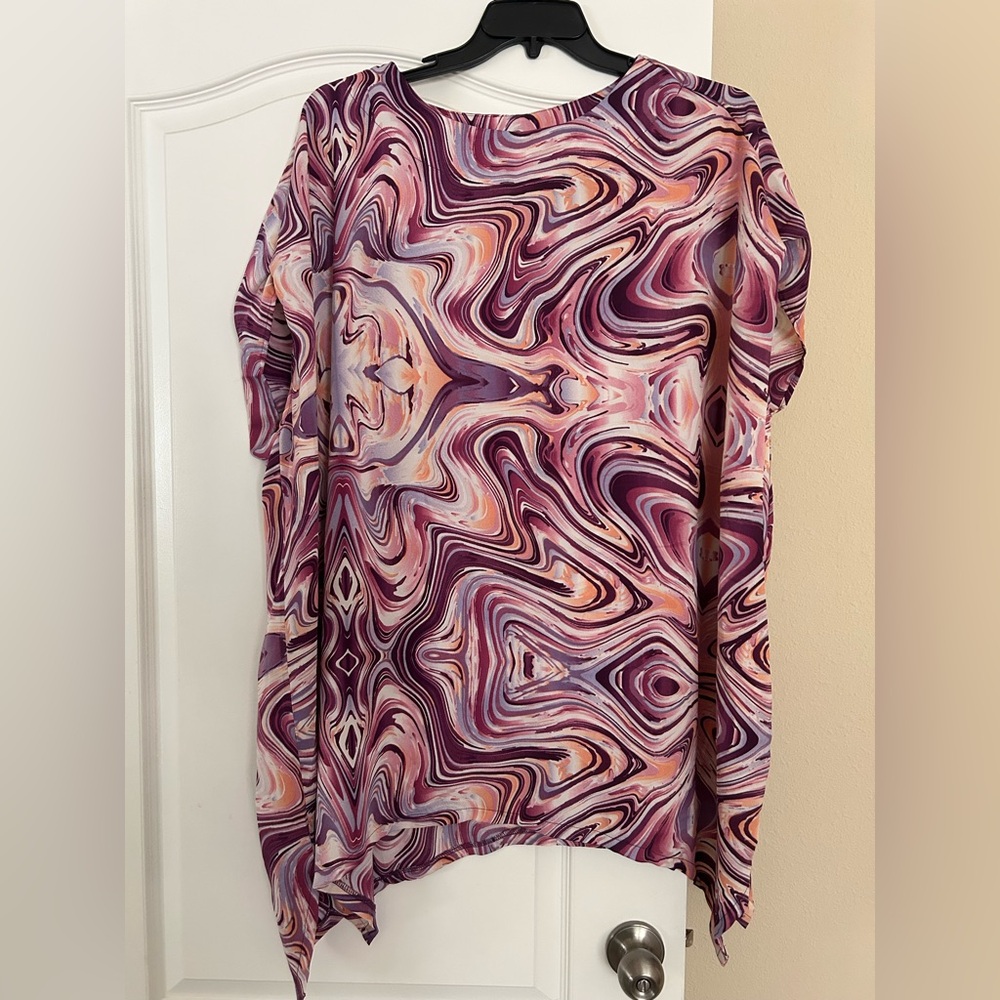 Umgee Abstract Purple Marble Swirl Tunic Bat-wing Dress Coverup Kaftan